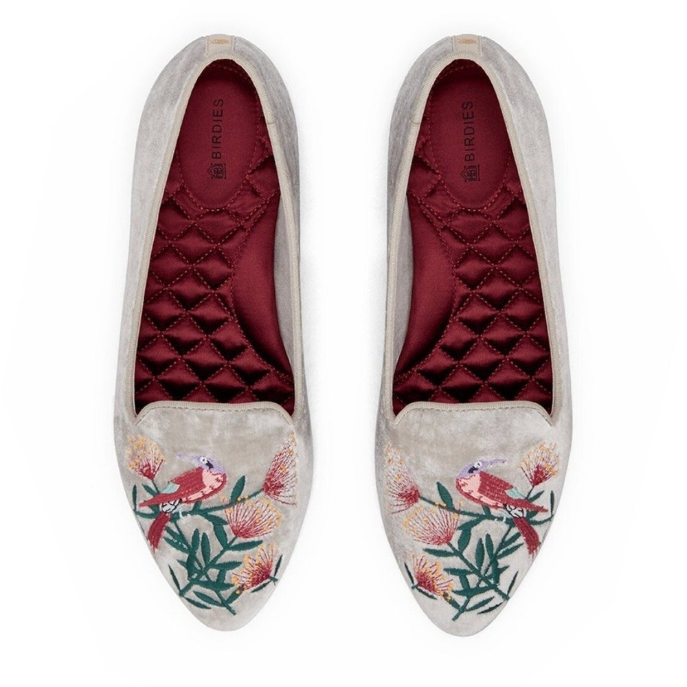 Birdies Women's Embroidered Velvet Gray Loafers Limited Edition
